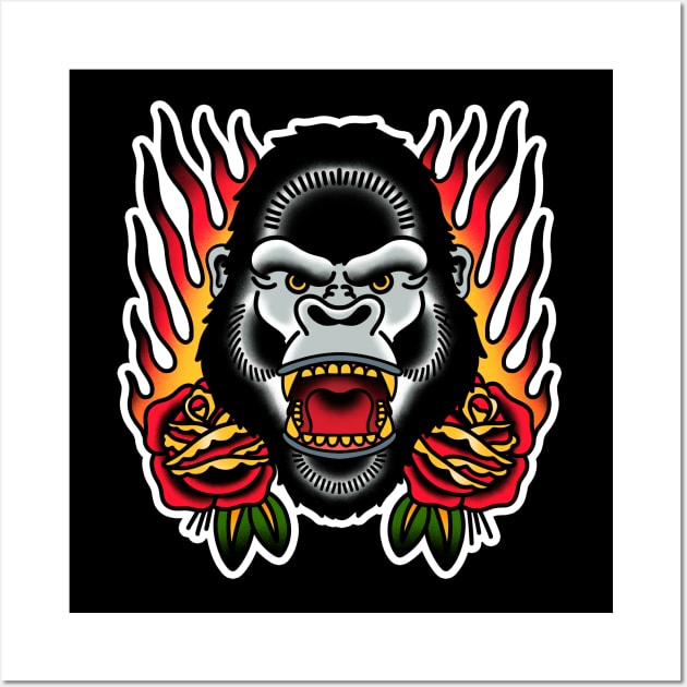 Gorilla Flames and Roses Traditional Tattoo Wall Art by Trippycollage